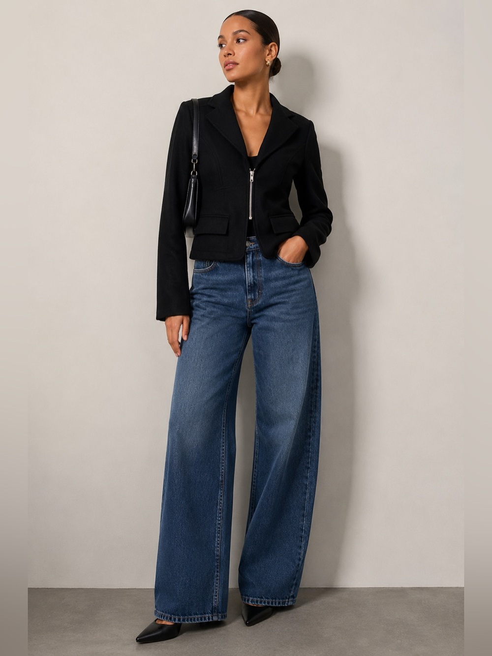 Odds & Evens Black Wool Zipper Closure Blazer